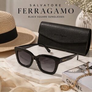 Ferragamo sunglasses. Black square frames  flattering style. NEW